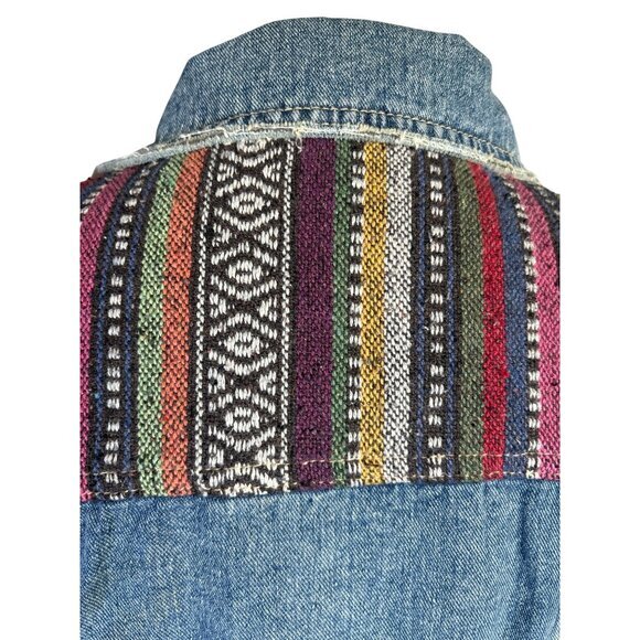 Free People Womens Jean Jacket Size 8 Blue Trucker Distressed Baja Aztec Denim - Picture 8 of 10